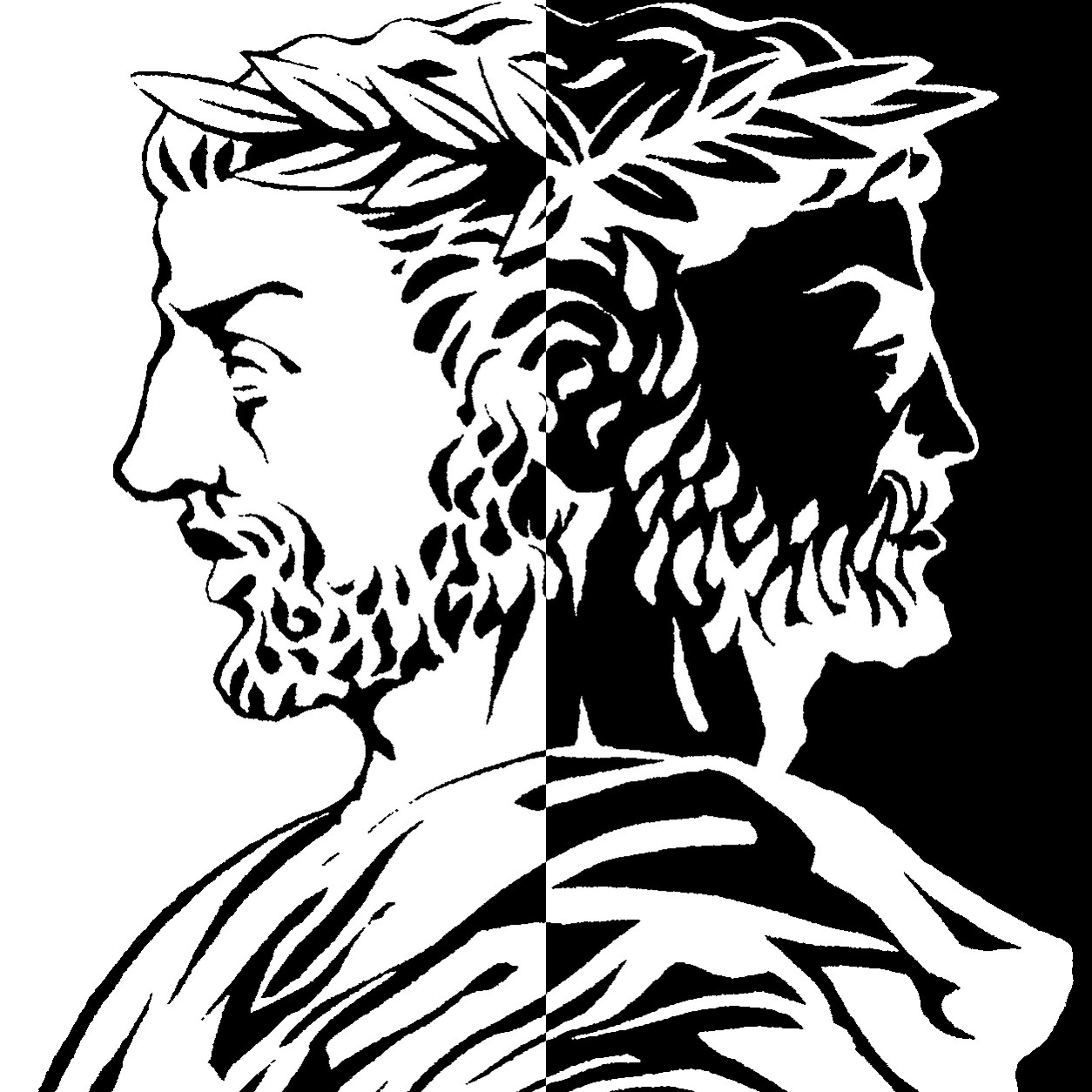 Logo représentant Janus en noir et blanc inversé par moitiés, dans l'esprit du symbole yin-yang
